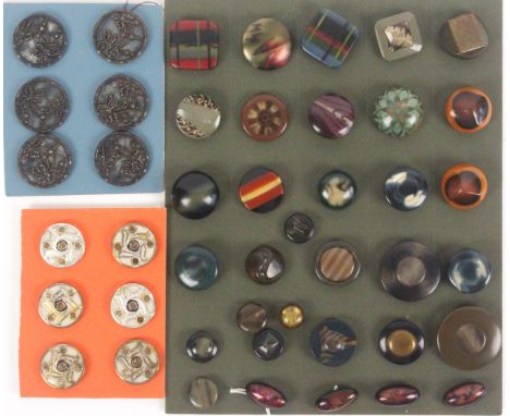 Buttons - three card displays comprising a card of thirty three Art Deco celluloid examples, largest 3.7cm, and two cards eac