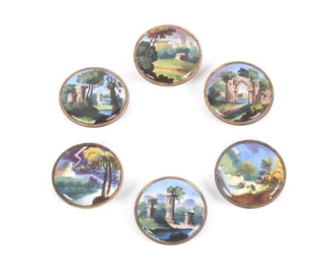 Buttons - a fine set of six late 18th Century English enamel buttons, probably Bilston, each with a variant architectural lan