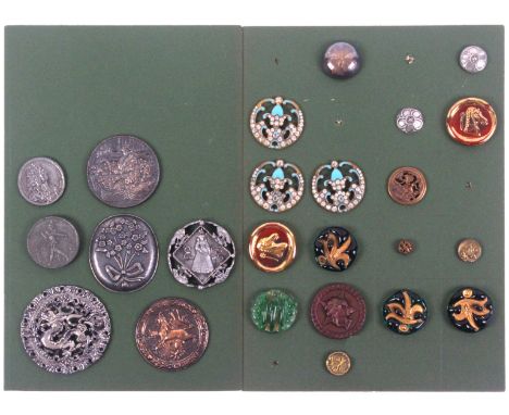 Buttons - two card displays, the first of seventeen including six Bimini style glass examples, three silver, three paste and 