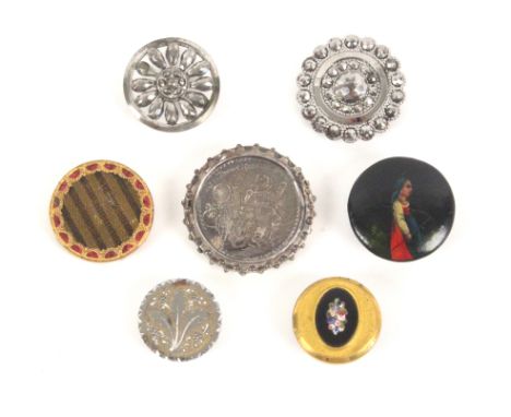 Buttons - seven 19th Century buttons comprising an unmarked engraved silver example inscribed 'What Is Tommy Running For', 3.