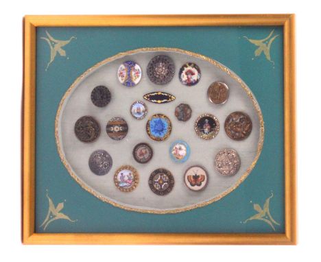 Buttons - a fine framed display of twenty buttons 18th Century and later including eight 19th Century enamels, three with jew