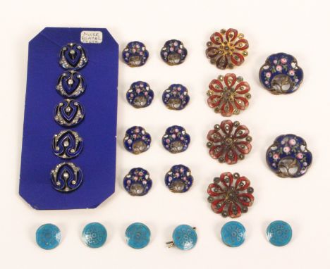 Buttons - four 19th Century and later enamel decorated sets comprising a set of five in blue enamel, pierced and decorated wi
