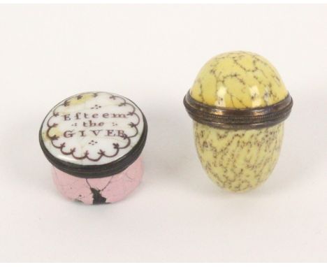 Two late 18th Century/early 19th Century English enamel boxes, comprising a yellow ground egg form example decorated with a s