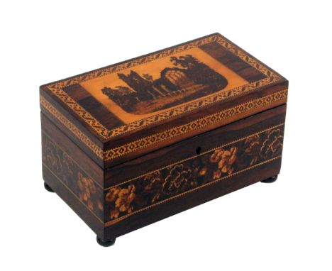 A Tunbridge ware rosewood tea caddy, of rectangular form raised on bun feet, the sides with a broad band of floral mosaic, th