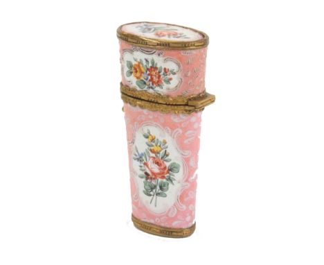 A 19th Century enamel sewing etui of tapering oval form, the pink ground overlaid in white with leaf sprays and with white gr