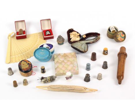 A mixed lot including a mother of pearl diamond pattern card case, a damagedÊmeerschaum pipe as a lady's head with fancy hat,