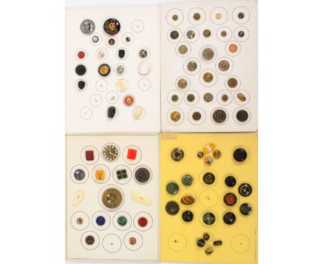 Buttons - four carded displays, comprising a card of seventeen novelty buttons including a brass 'You Liar', largest 4.7cm, a
