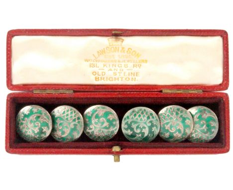 Buttons - a cased set of six green enamel silver buttons with leaf scroll and trellis design, each 2.2cm, Birmingham 1908 by 
