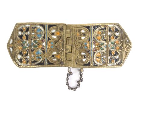 A 19th Century brass and champlevŽ enamel two piece belt buckle, with hinge and pin fixing, 18cm.Ê