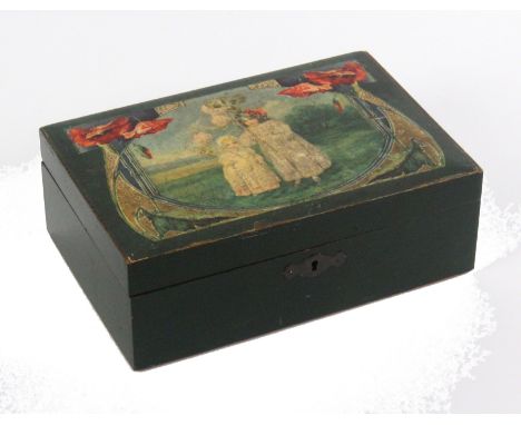 A late 19th Century green paper covered rectangular sewing box for a child, the lid with a print of two children in Art Nouve