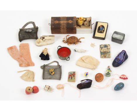 Miniature items probably for dolls, comprising three leather shoes, 6, 5.5 and 3cm., two wire mesh bags, 5.5 and 6cm., two mi