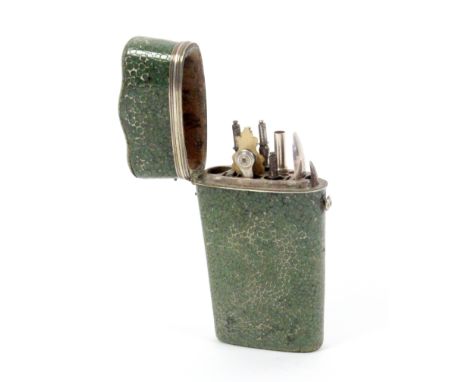 A Georgian green shagreen etui, of oval tapering section, reeded silver hinge mount, the interior with shell back silver spoo