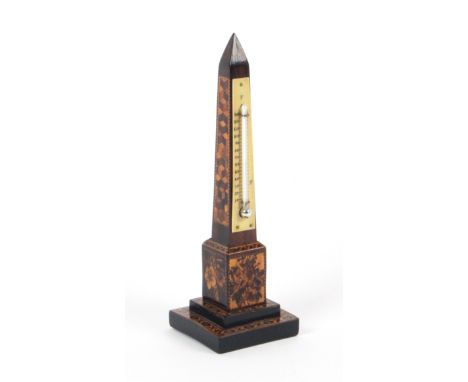 A Tunbridge ware obelisk form desk thermometer, the stepped base in geometric mosaic the plinth with three panels of floral m