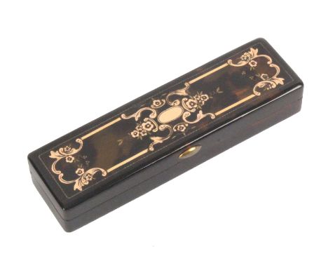 A mid 19th Century tortoiseshell and gold inlaid rectangular box, the lid inset with flowers and leaf scrolls, vacant oval ca