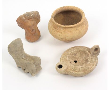 A collection of antiquities, comprising a Romano-Greek head, 1st or 2nd Century AD, a similar period bowl, 10cm, a Syrio-Hitt