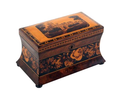 A good walnut Tunbridge ware tea caddy, the convex sides with a broad band of floral mosaic with a circular stickware escutch