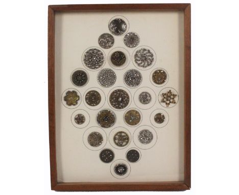 Buttons - a framed display of twenty five, mostly cut steel, including an enamel and paste set example, 18th Century and late