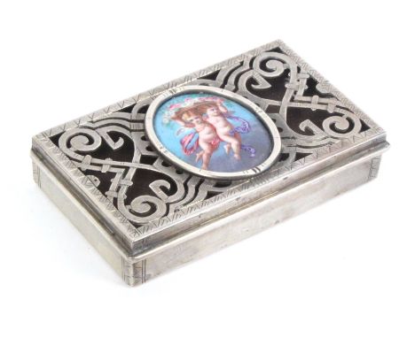 An enamel mounted white metal rectangular box, the lid centred by an oval plaque of two cherubs holding a basket of flowers a