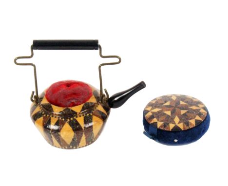 Tunbridge ware - two pieces, comprising a good stick ware teapot pin cushion the brass wire handle with wooden insulator, 5cm