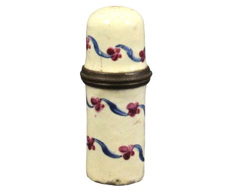 A late 18th Century English enamel cylinder form needle case with thimble top, the cream ground painted with a spiralling rib