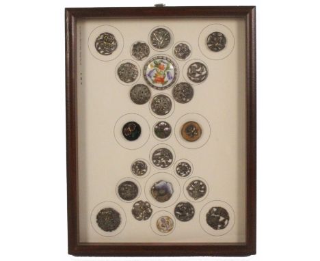 Buttons - a fine framed display of twenty five mainly silver buttons most of pierced design featuring flowers but including a