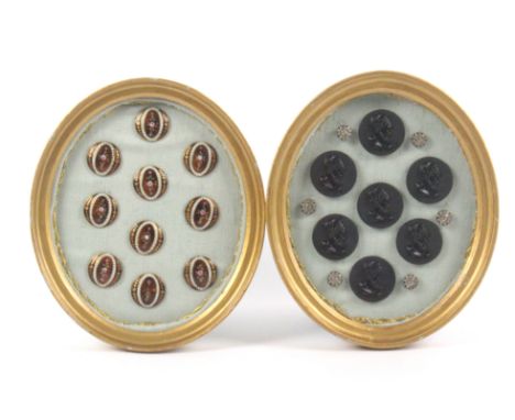 Buttons - two oval framed displays comprising a set of ten oval enamel buttons, maroon ground with floral and leaf decoration