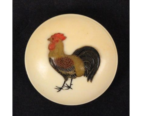 A fine and large Japanese domed ivory button, decorated in shibayama with a cockerel, 3cm dia. 