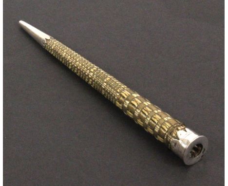 An early 19th Century Dutch knitting stick, of tapering cylinder form decorated in quill work bound in brass wire, scalloped 