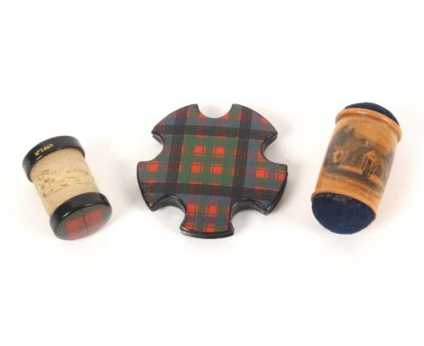 Tartan and Mauchline ware - three pieces, comprising a scarce circular Tartan ware thread winder, 5cm, a button end Tartan wa