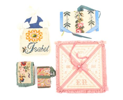 Five 19th Century needlework exercises, comprising a small floral tapestry bag inscribed 'Isabel', 16.5 x 12.5cm, a Bristol C