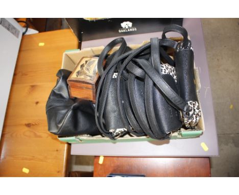 A box containing various handbags; and a wooden trinket box 