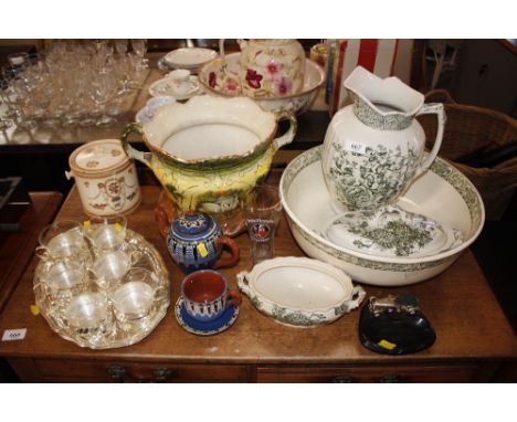 A toilet jug and basin; two tureens; a biscuit barrel; jardiniere etc.
