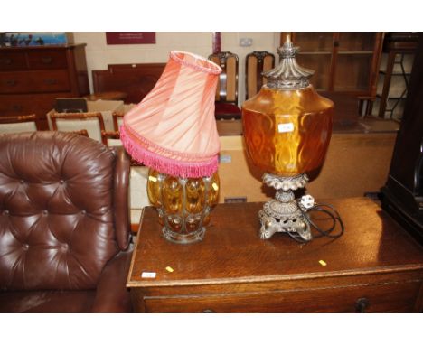 An ornate metal and glass table lamp and another, (converted)