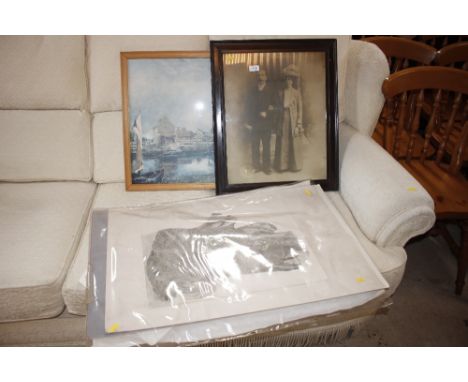 A colour print after Constable; black and white photographic print and a folder of pictures
