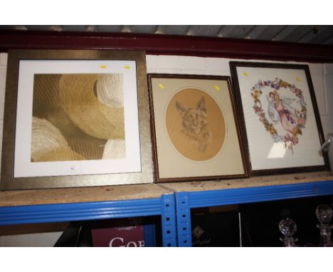 Pencil and crayon study of a dog; an embroidery; and an abstract print
