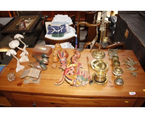 A collection of various metalware; carved wooden ornaments; trinket box etc.