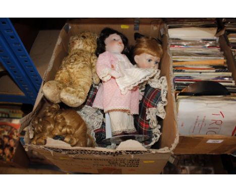 A box of vintage Teddy bears and dolls 