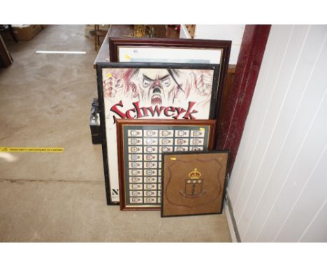 An embroidered Indian Army Ordnance Corp Penant; various framed Players cigarette cards; a Schweyk advertising poster; and a 