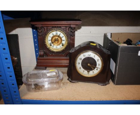 An Edwardian eight day mantel clock; and a Bakelite cased mantel clock - with keys