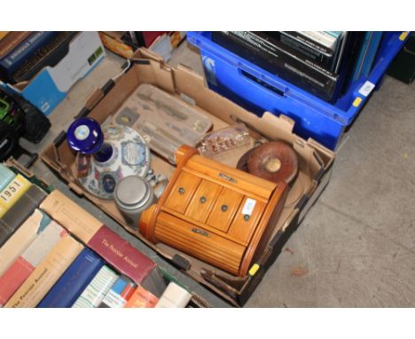 A Nelson commemorative decanter; a drawing set; glass ship in a bottle; a trinket set etc.