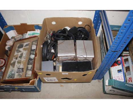 A box containing vintage speakers, headphones etc. 