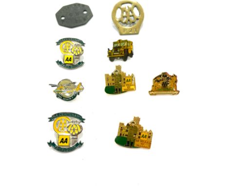 Selection of Vintage AA pin badges includes 50 Years of training, Naas supported by the AA etc 