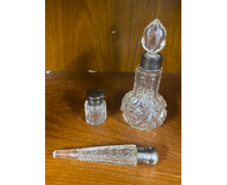 3 Vintage glass scent bottles, 1 silver rimmed 