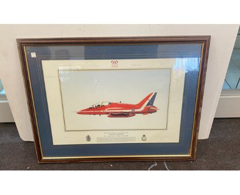 Large framed signed print of The Royal Air force Aerobatic team "The Red Arrows" 21st anniversary season 1965-1985 measures a