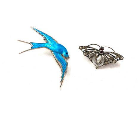 Silver and enamel bluebird brooch and silver butterfly brooch with centre pearl 