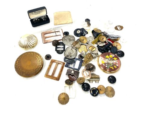 Box of vintage buttons and powder compacts 