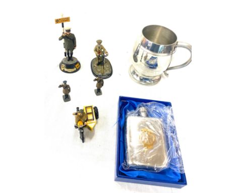 Selection of retro AA through the ages figurines, AA hip flask and a AA tanker 