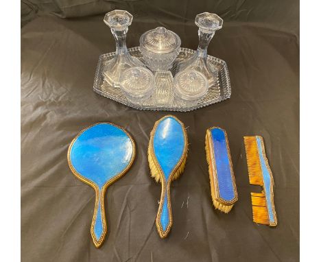 Glass dressing table set and a vintage brass and enamel dressing table set 