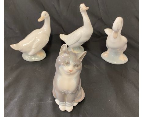 Set of 3 Nao geese figures and a Royal Copenhagen cat 