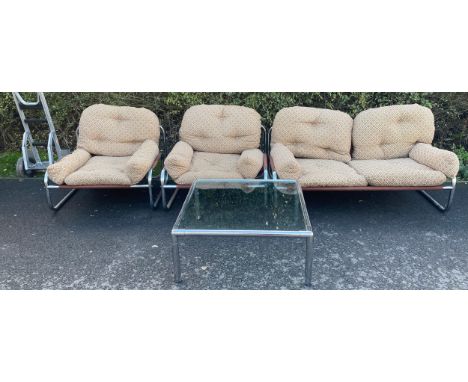 Retro 2 Seater sofa and 2 chairs with a glass topped chrome coffee table 